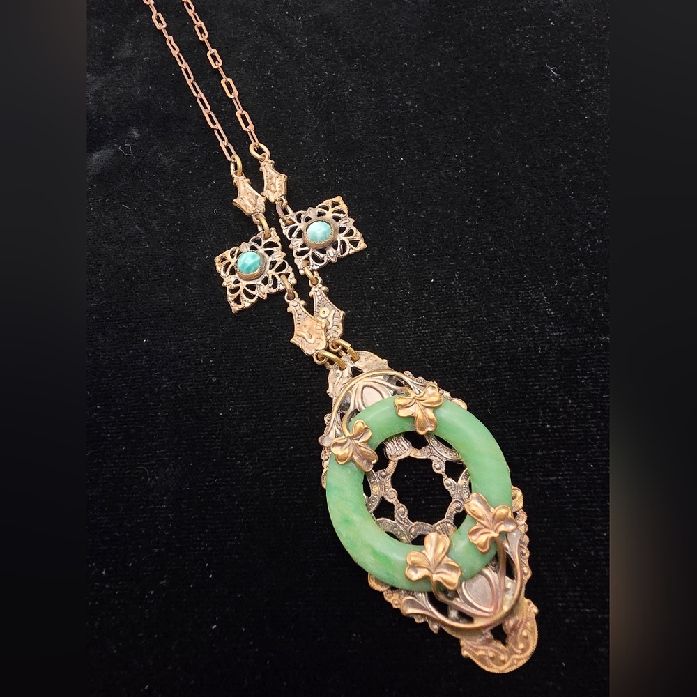 Czech Brass Shamrock Green Glass Necklace 16 Inch Antique 1920s 1930s Lucky - Picture 8 of 12